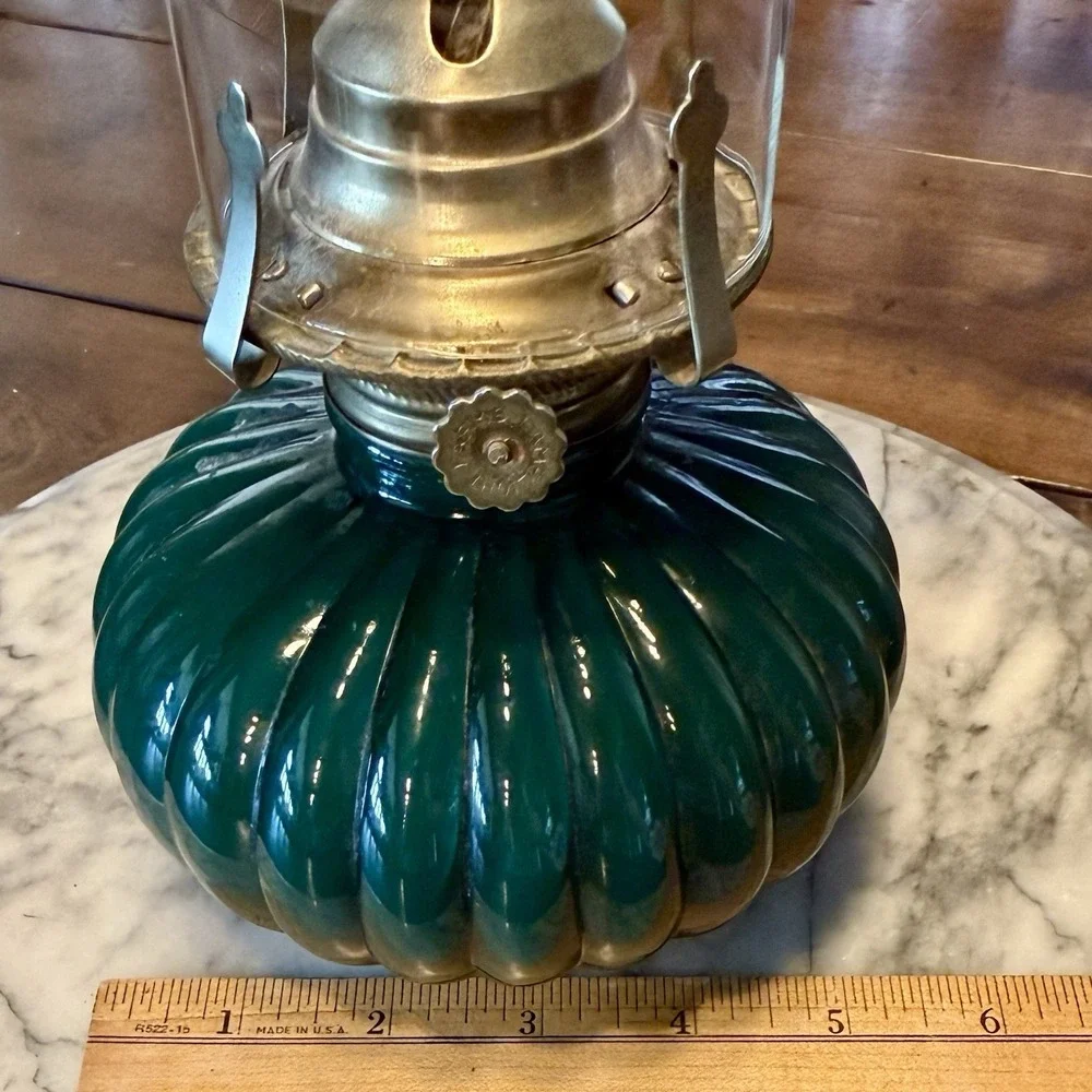 VTG Pumpkin Oil Lantern Lamp Lamplight Farms Green Glass Cottagecore 330 USA 13
